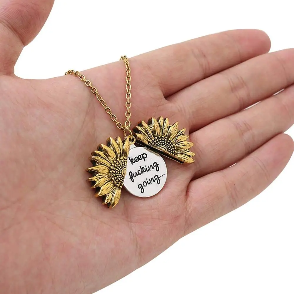 

Engraved Motivational Sunflower Necklaces Keep Going Open Locket Necklace Sunflower Collar Ladys Girls Friend Jewelry Gift