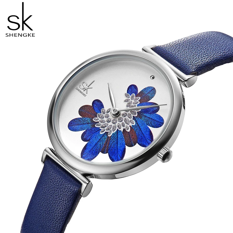 Shengke Новые элегантные женские часы Роскошные с синими перьями 3D принт уникальный стиль Montre Femme с кожаным ремешком японские кварцевые часы