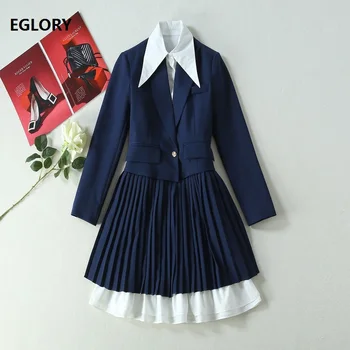 

New Korean Fashion Dress Set 2019 Autumn Casual Ladies Turn-down Collar Long Sleeve White Shirt Dress+Blue Long Blazer Dress 2pc