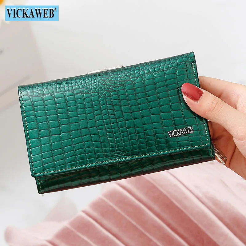 Green Wallet VICKAWEB Women Genuine Leather Short Wallet Female Fashion Purses Ladies Alligator Hasp& Zipper Coin Purse Woman Small Wallets - Цвет: Green Wallet