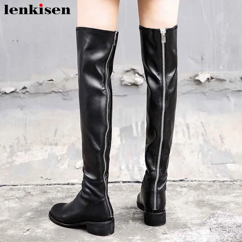 

Lenkisen high street fashion rock zip sheep leather stretch boots round toe med heels black colors women over-the-knee boots L12