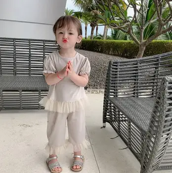 

2020 Korea Style Girls 2 Pcs Set T-Shirt+Pants Cotton Fashion Bling Bling Girls Suits 1-7 years QH227