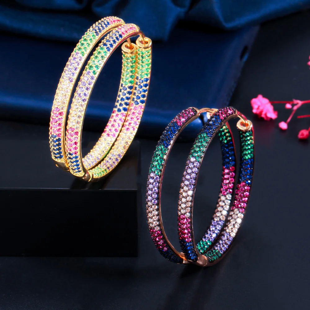Pera Brand Designer Micro Multicolor Cubic Zirconia Paved Big Circle Gold Color Hoop Earring for Women Chic Wedding Jewelry E692