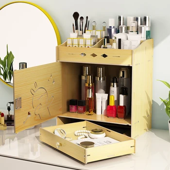 

NEW Large Capacity Wooden Cosmetic Storage Box DIY Bedroom With Locked Drawer Makeup Organizer Case Earrings Ring Display