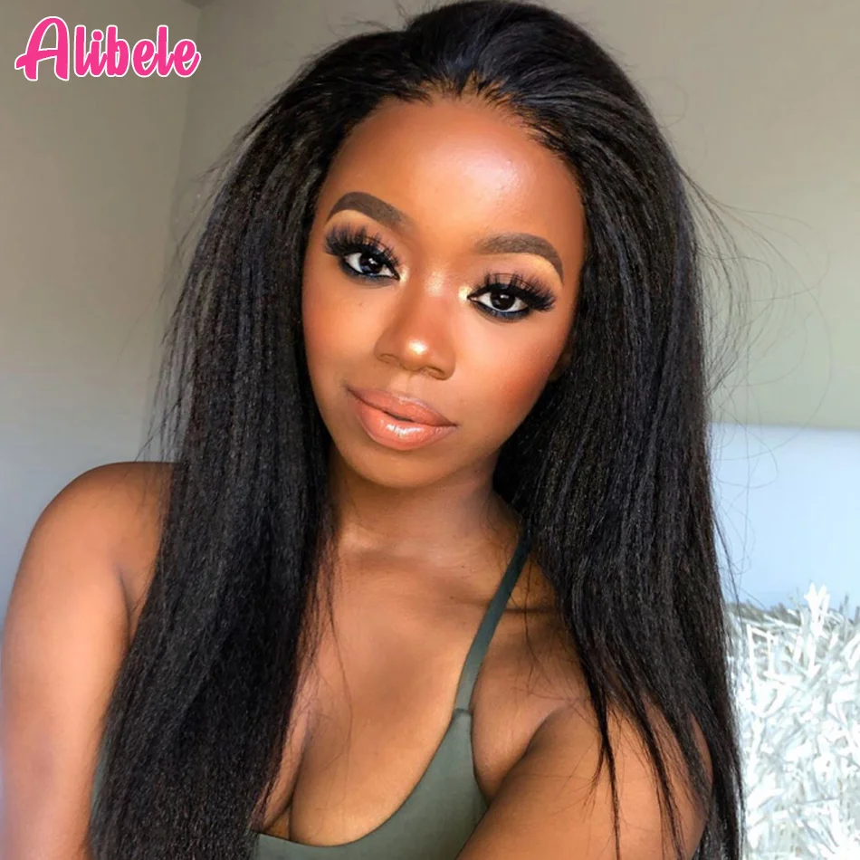 Alibele Yaki Kinky Straight Lace Front Human Hair Wig Corse Yaki Straight 13x4 Pre Plucked Human Hair Wig 14-30 Lace Frontal