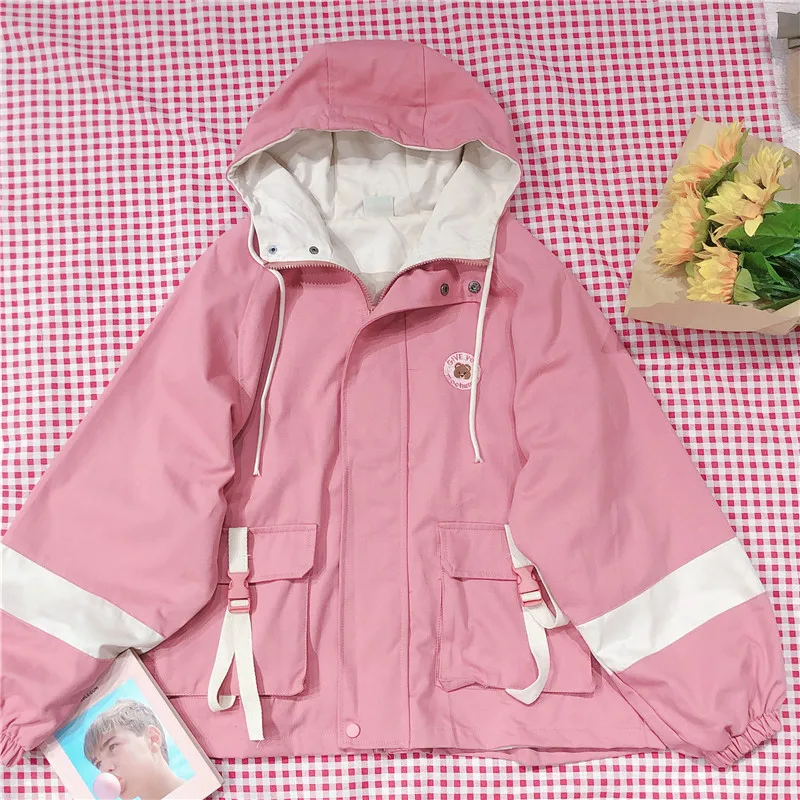 Розовый Консервативный стиль Harajuku Mori Girl Kawaii Bear вышивка Свободная куртка на молнии Мягкая Осенняя Студенческая Женская милая куртка с капюшоном BF - Цвет: Розовый