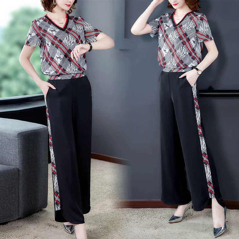 Комплект женский Повседневный из двух предметов топ с коротким рукавом и широкие