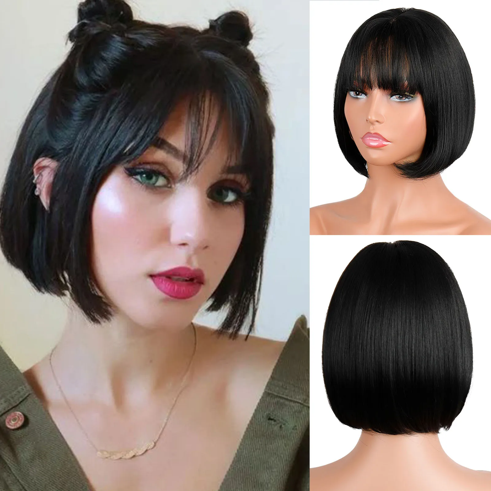 Miss Wig прямой черный синтетический парик с челкой женские короткие волосы боб