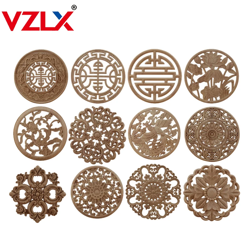 Round Wood Carving Wood Decal Carving Lines Applique Rose Rubber Home Decoration Accessories Cabinet ornament crafts miniature figurines wooden figurine crafts resin crafts glass fruit pendants
