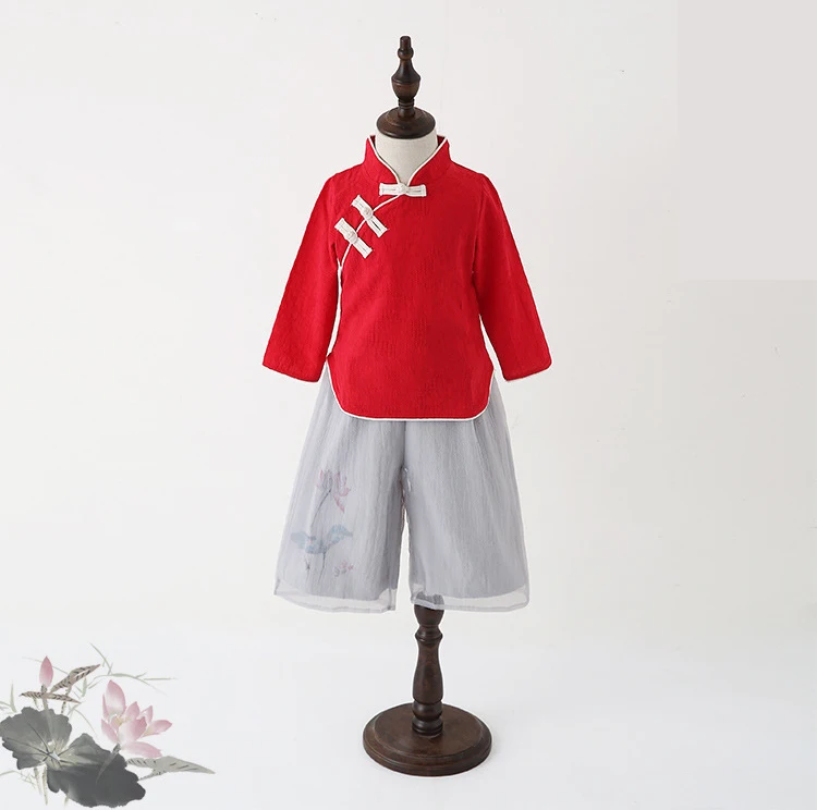 Детская одежда в китайском стиле Hanfu/рубашка cheongsam в китайском стиле для девочек; сезон весна-осень; широкие брюки с вышивкой для девочек