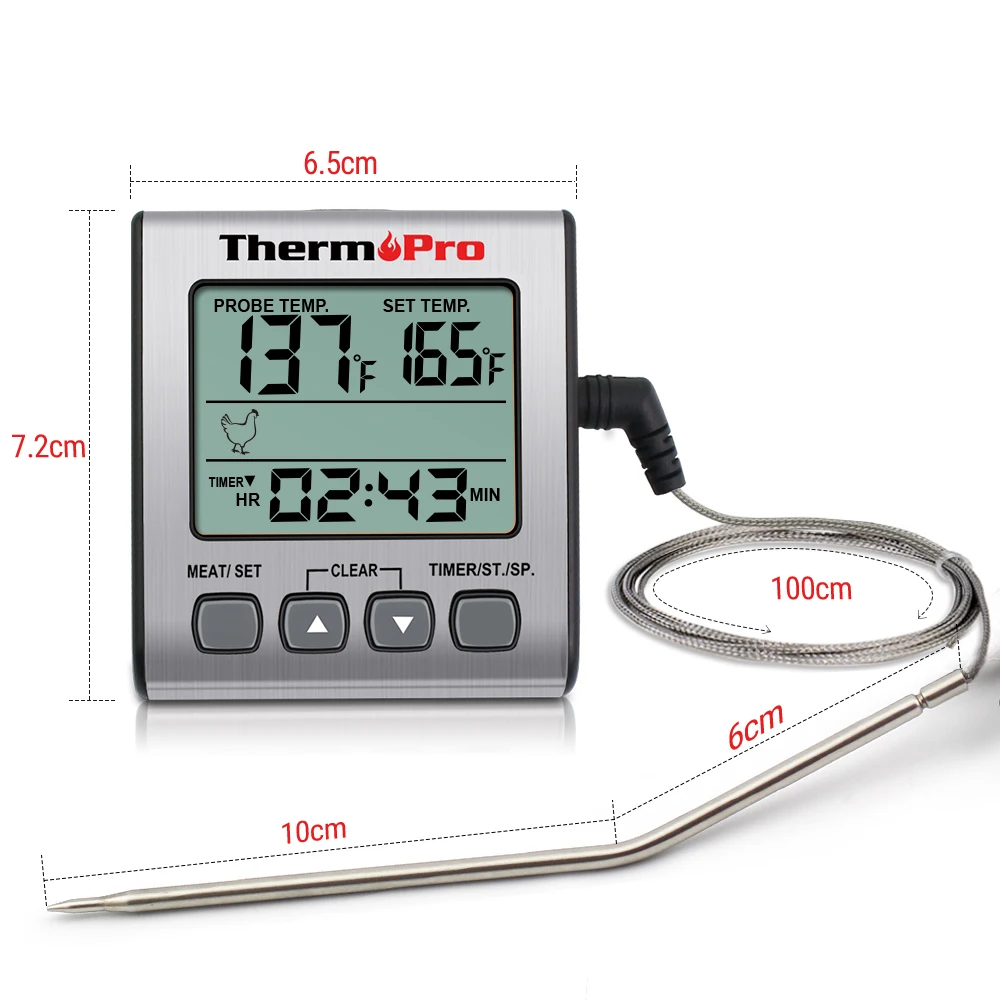 ThermoPro TP16S цифровой термометр для духовки с таймером термометр для мяса Кухонный Термометр для приготовления пищи Термометр для барбекю подсветка