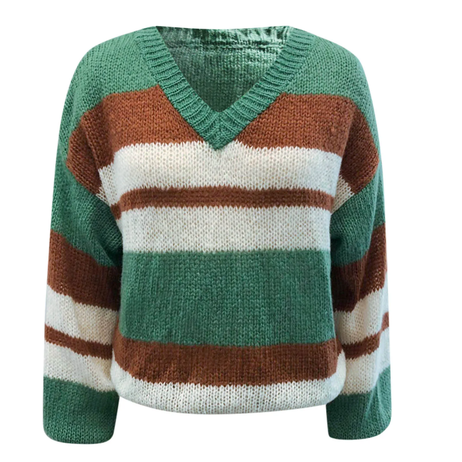 Striped Color-block Knitted Sweater Women Fashion Loose Section Long-sleeved Loose Hollow Lazy Sweater Pullover Female##g 2