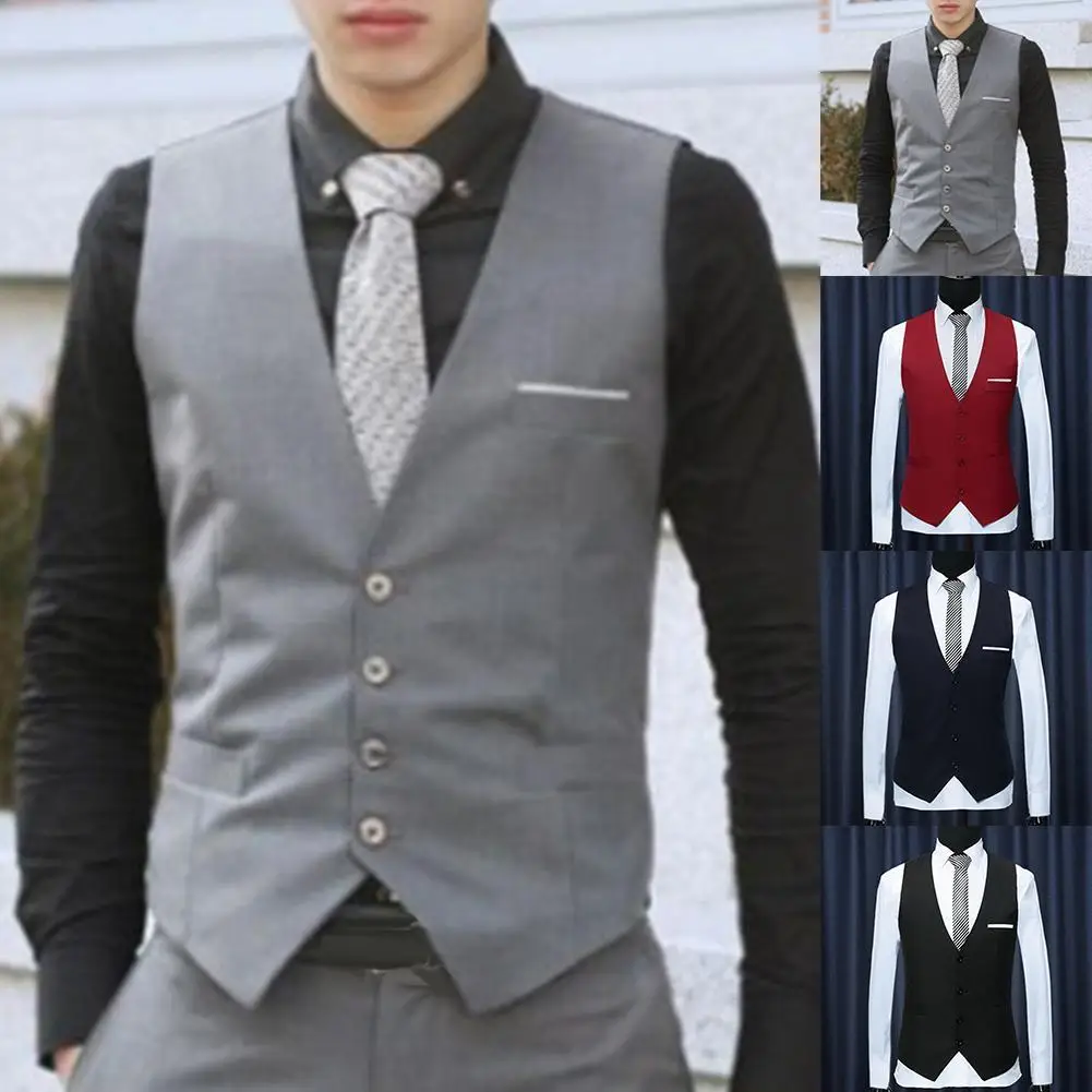 Chaleco Formal de oficina para hombre, chaleco sin mangas con botones y cuello de pico de Color sólido a la moda