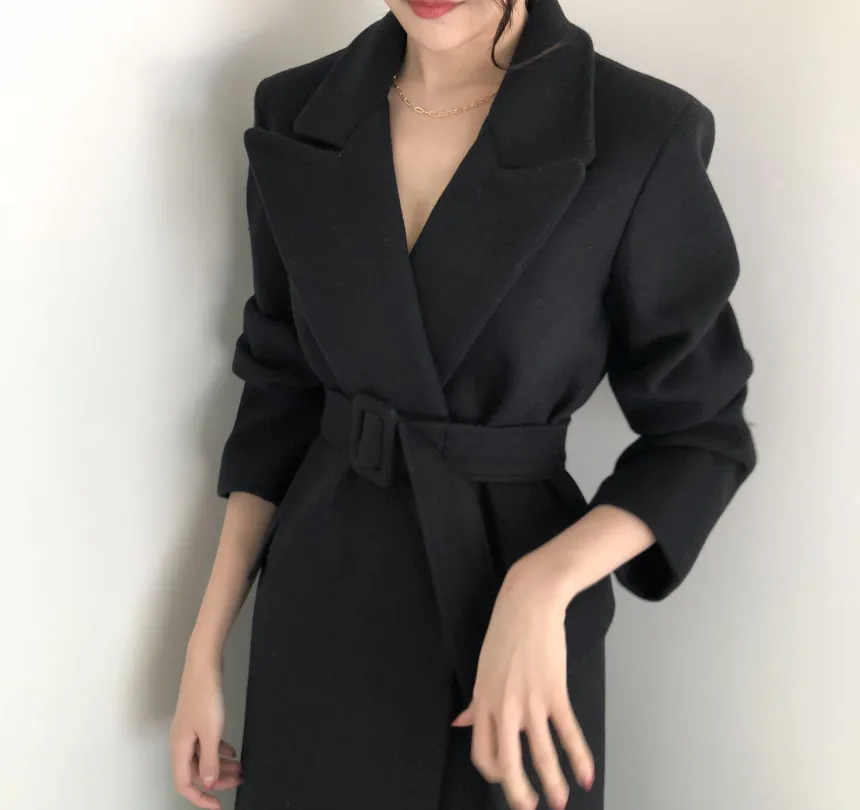 Ceny Moda stałe kobiety długi wełniany płaszcz pani urząd Slim damska wełniana kurtka pas płaszcz i kurtka