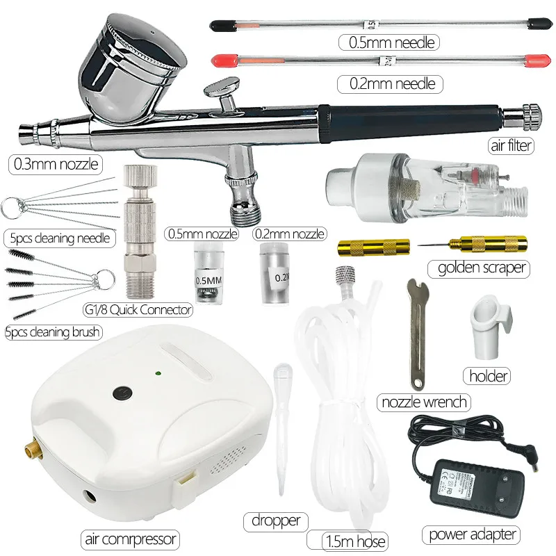 Аэрограф компрессорная установка тяжести 0,4 мм& 0,3 мм 2cc& 7cc двойного действия пистолет-распылитель Набор для Красота арт бодиарт модель торта распыления - Цвет: 0.3 0.5 0.2mm Kit WH