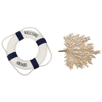 

Decorative Welcome Aboard Nautical Lifebuoy Ring (Blue, 35cm) with 6Ps Table Mat Dining Table PVC Leaf Hollow Mat Gold