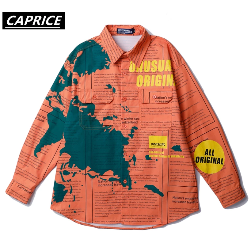 Хип-Хоп Мужская рубашка Steetwear графическая карта газета печать Harajuku рубашка тонкая Осенняя модная Свободная рубашка Hispster одежда