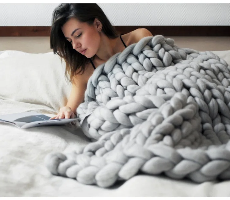 Новое вязаное одеяло ручной работы из толстой пряжи, мериносовая шерсть, объемное вязаное одеяло, теплое зимнее одеяло для дивана, кровати, домашний декор, одеяло s