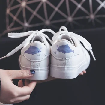 

White Shoes Women's Spring 2020 New Style Students Shoes Flat Girls Casual Shoes Cute Kitty Dolphin Character Leather Shoes