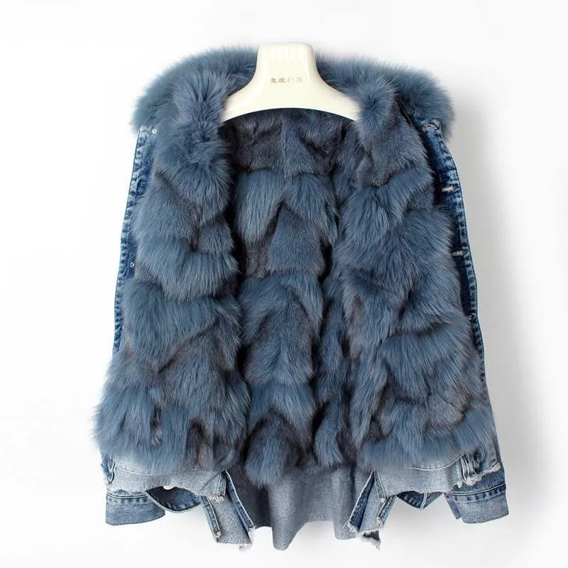 real fur coat Winter Jacket Women Coat Real fox Fur lined denim jacket Parka back letter print