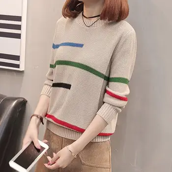 

2019 Autumn Winter Pullover Sweater Women Jumper Korean Beautiful Striped Long Sleeve Knitted Sweater Female Khaki