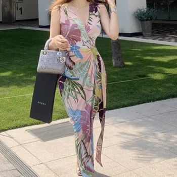 

Cross border women's 2020 new Korean style slim V-neck lace up waistband fashion print bottom dress