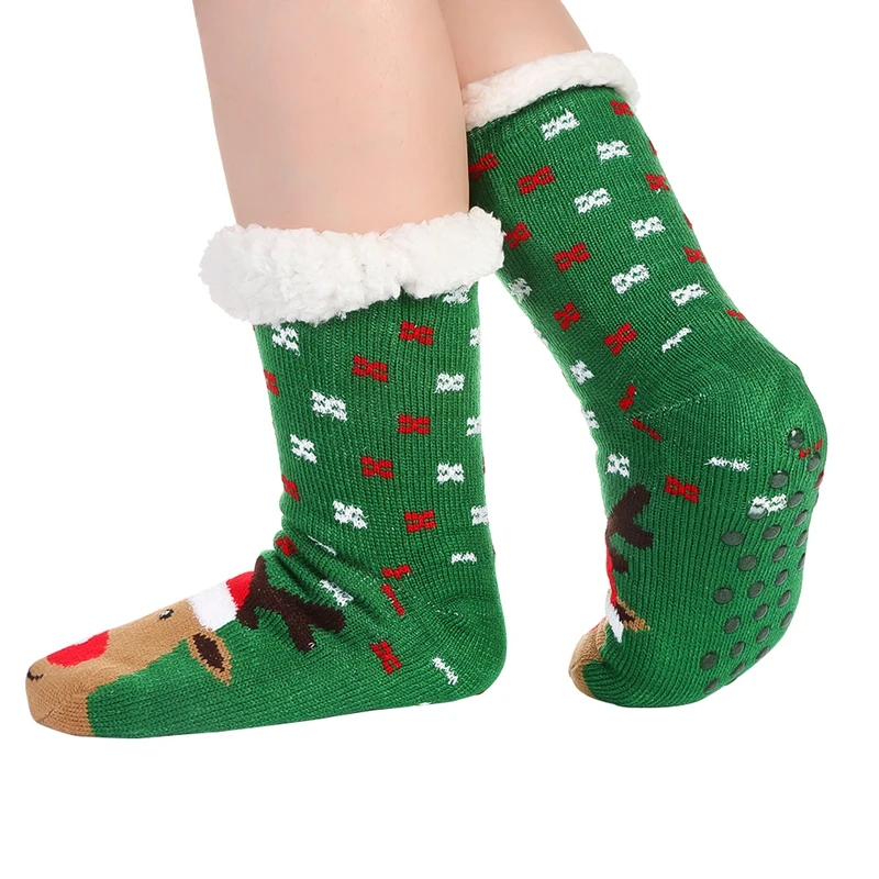 Рождественские теплые флисовые зимние носки-тапочки с оленем; теплые уютные пушистые зимние носки до колена на флисовой подкладке для Рождества