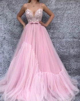 

Pink Muslim Evening Dresses 2019 A-line Spaghetti Straps Tulle Lace Pearls Islamic Dubai Saudi Arabia Long Evening Gown Prom