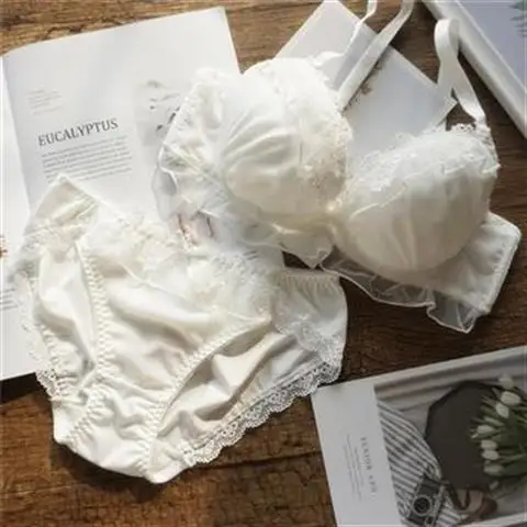 Sweet Girl Sexy Lingerie for Small Chest See Through Bra and Panty Set Ruffle White Chiffon Bra Brief Thong Sets Underwear Women 1