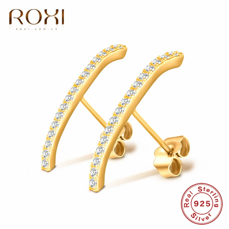 ROXI 925 пробы, серебряные серьги-гвоздики для женщин, вечерние, подарки, предотвращают аллергию, Геометрическая Серьга в виде стержня, маленькие корейские серьги с кристаллами