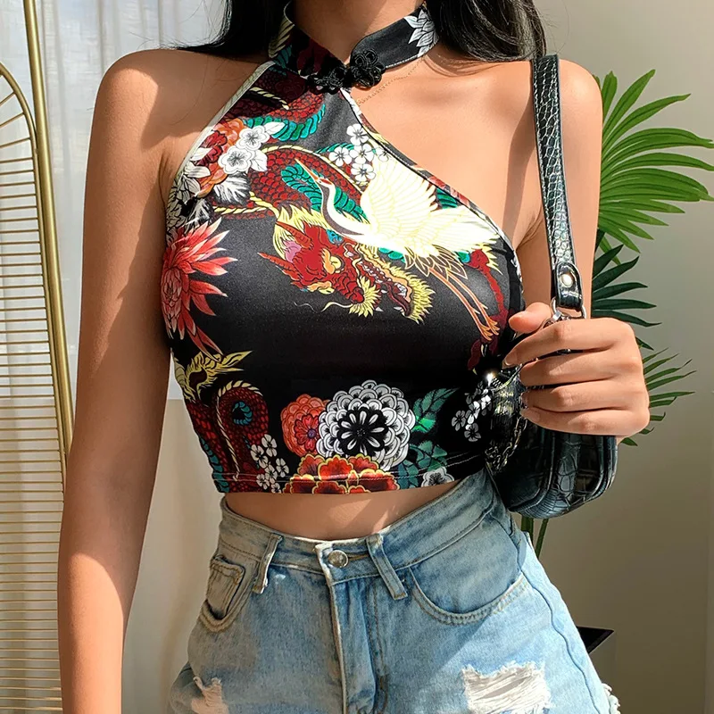 

NCLAGEN Vintage Dragon Flowers Print Women Halter Tank Retro Bodycon Tops Party Club Navel Bare Cropped Top Chinese Knot Camis