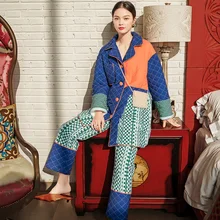 [EWQ] осень зима шаблон лацканы длинные хит цвета однобортный толстый комплект из двух частей пижамы для женщин AH84909M