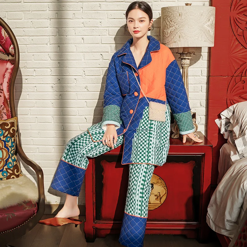 

[EWQ] 2020 Autumn Winter New Pattern Lapel Long Hit Colors Single Breasted Thick Two Piece Set Pajamas Women AH84909M