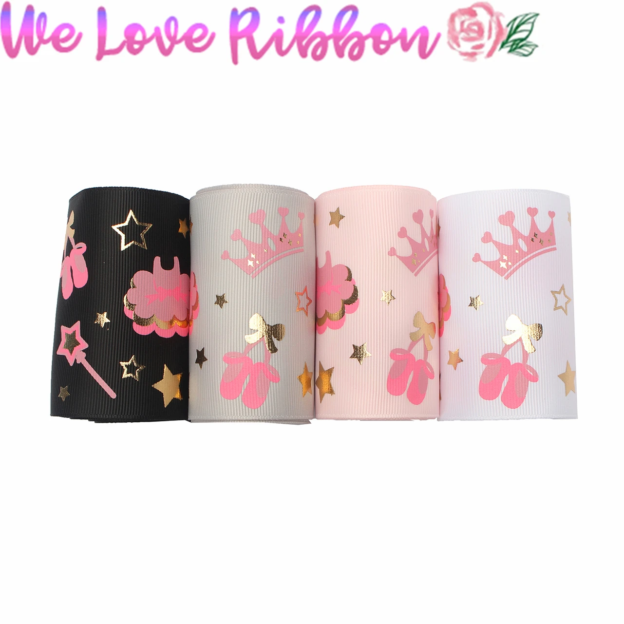 

3"75mm Crown Star Ballet Shoes Pink Ink Printing Gold Foil Printed Solid Color Grosgrain Ribbon DIY Gift Bowknot 50yards/roll