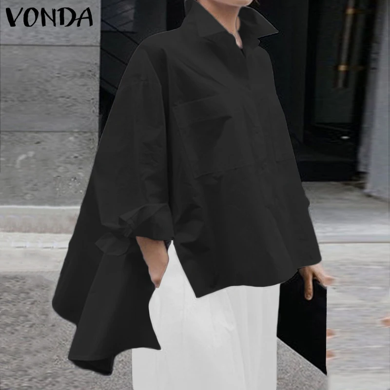 Асимметричная Туника женская блузка офисные женские рубашки VONDA Весна Лето пляжные Топы вечерние топы женские повседневные блузки размера плюс - Цвет: Black