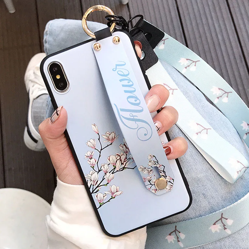 Чехол с ремешком на запястье для Oppo Reno Z 10x R17 Pro R11s R11 R9 R9S Plus R15 Dream Mirror Holder Lanyard Cover - Цвет: Light Blue Magnolia