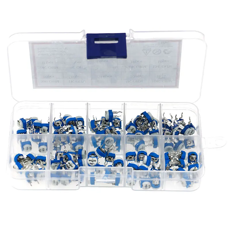 100Pcs 10 값 가변 저항기 500R 1M RM065 탄소 필름 수평 Trimpot 전위차계 분류 키트