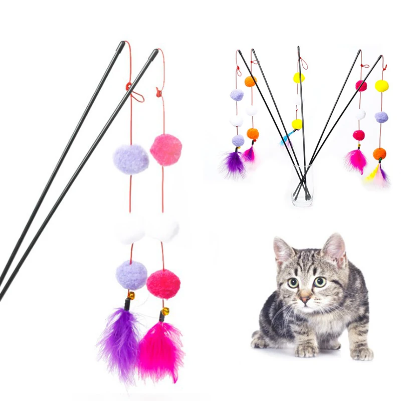 

Pet Cat Feather Ball Stick Teasing Toy Random Color Playing Sticks Funny Interactive Plastic Play Wand Toys