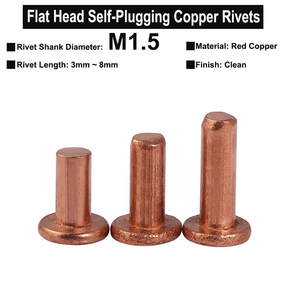 

100Pcs M1.5x3mm~8mm Super Small Solid Red Copper Rivets Flat Head Cup Head Self-Plugging Rivet Round Head