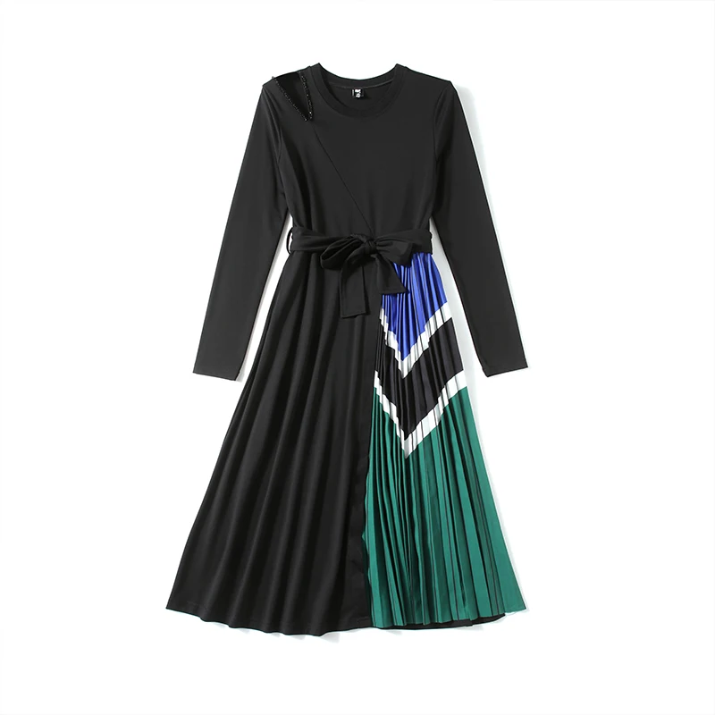 

Merchall Autumn Runway Pleated Midi Dress Women Long Sleeve Hollow Out Beading O-Neck Sashes Patchwork Party Dresses