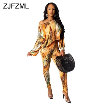 

Leopard Tie Dye Plus Size 2 Piece Set Women Cold Shoulder Long Bawting Sleeve Loose Crop Top and Pencil Pants Sexy Club Outfit