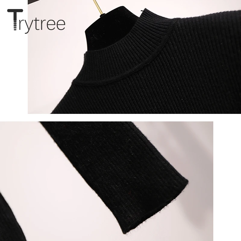 Trytree, Осенний Женский комплект из двух предметов, повседневная водолазка, однотонный черный топ+ платье, ремень, пуговица, пэчворк, комплект из 2 предметов
