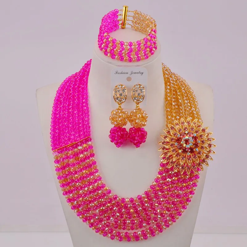 Fuchsia Pink Gold AB Оранжевый и шампанского золото AB Африканский бисер ювелирный набор - Окраска металла: Fuchsia Pink Gold AB