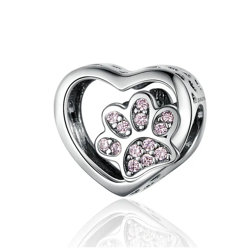 Pink BAMOER кошка любовь сердце Форма Шарм 925 пробы серебряные следы лап сердце талисманы для браслет ювелирные изделия SCC1191 - Цвет: Pink