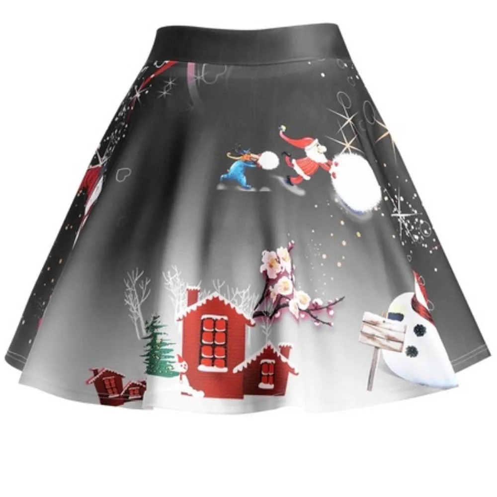 

Women Christmas Santa 3D Print Flare Elastic High Waist Cosplay Skirt