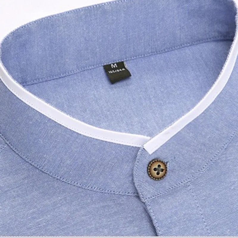 Мужские рубашки из хлопка высокого качества Slim Fit с длинным рукавом мужская одежда воротник стоечка однотонный деловой рубашки мужские рубашки