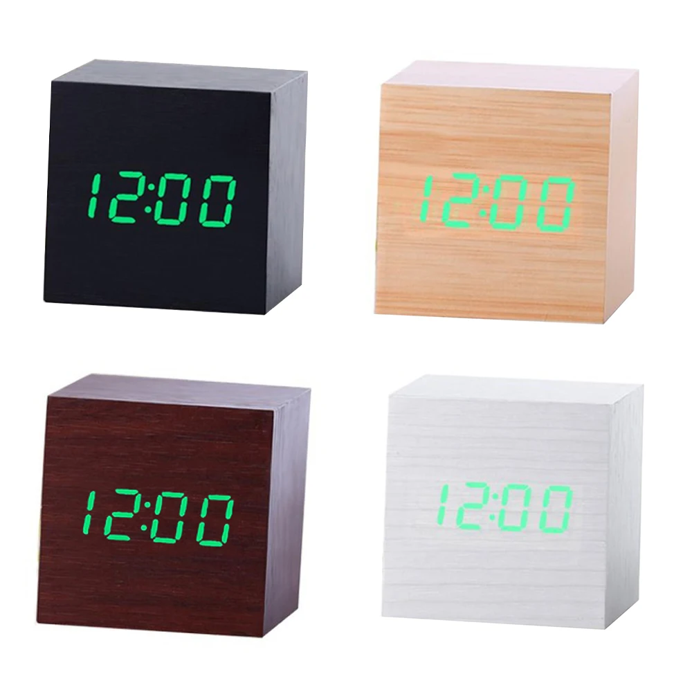Многоцветный Деревянный Квадратный светодиодный Будильник с голосовым