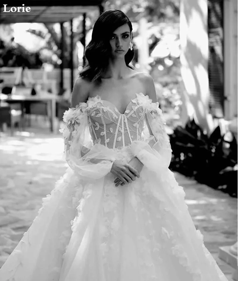 LORIE Sexy Lace Wedding Dress Puff Sleeve Sweetheart Bridal Dress Elegant 3D Flowers Robe de soiree Wedding Ball GownsCustomized 4