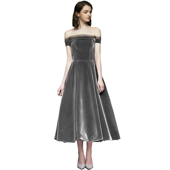 Серый Prom Dresses suossikki Boat Neck Off Shoulder elegant velvet Evening Dress gown - Цвет: Серый