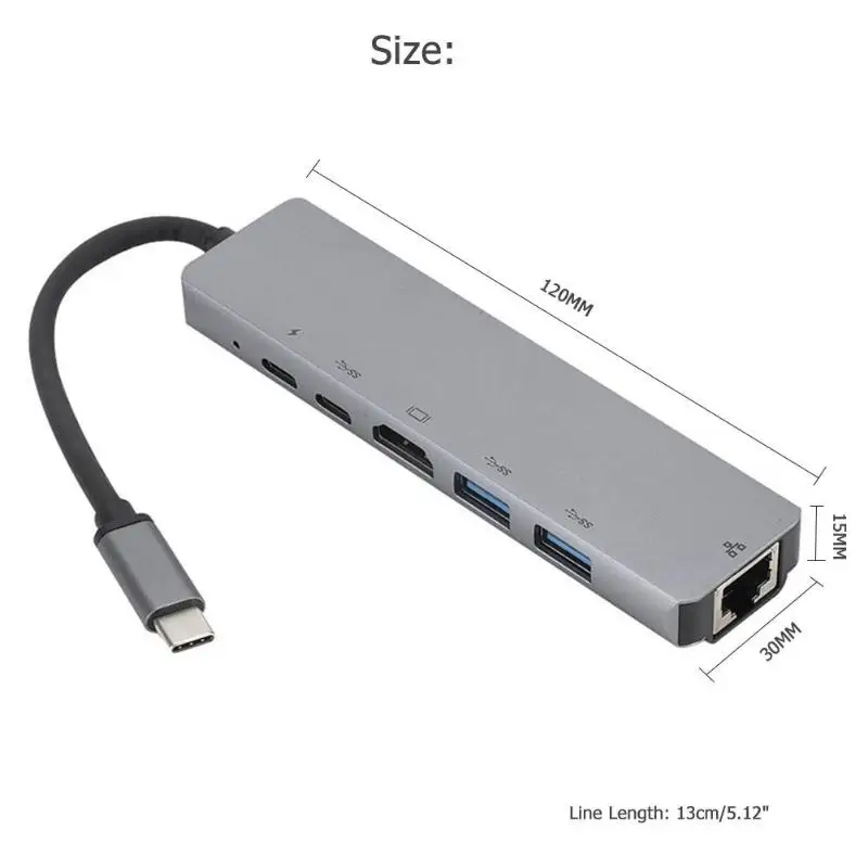 Алюминиевый сплав 6 в 1 type-C USB 3,1 хаб-конвертер портативный USB-C 4K HDMI 2 USB 3,0 PD RJ45 сетевой адаптер док-станция для портативных ПК